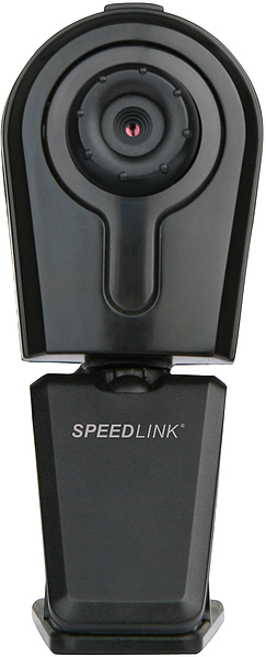 Frontansicht einer schwarzen SPEEDLINK Webcam, geeignet für Videoanrufe und Online-Meetings
