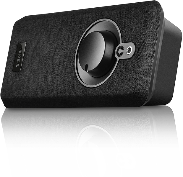 Schwarzer Speedlink Lautsprecher mit großem Drehregler für die Lautstärke auf der Vorderseite