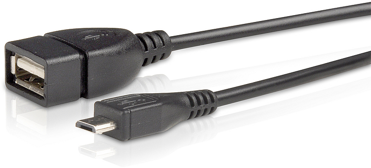 Schwarzes USB OTG Kabel mit einer USB-A Buchse und einem Micro-USB Stecker