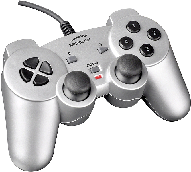 SPEEDLINK silberner Gamecontroller mit Kabel, zwei Analogsticks, Steuerkreuz und Funktionstasten