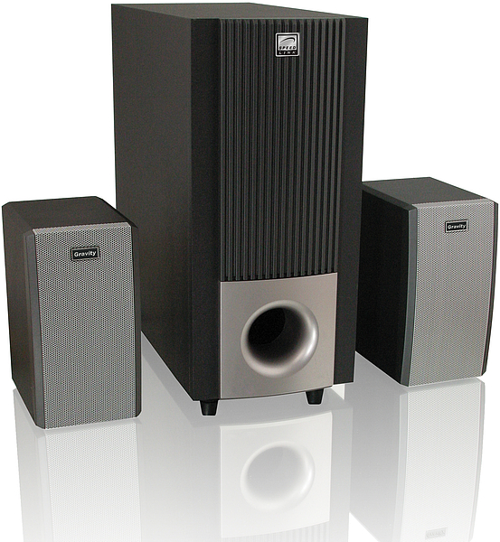 Schwarzes 2.1 Lautsprechersystem mit Subwoofer in der Mitte und zwei kompakten Satellitenlautsprechern, geeignet für Musik und Filme