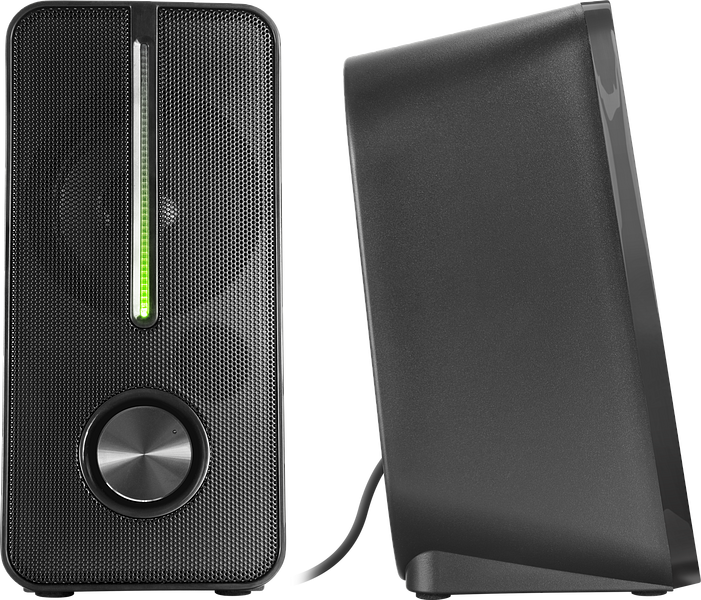 Zwei schwarze Computerlautsprecher, einer mit silbernem Lautstärkeregler und leuchtender LED-Anzeige, moderner Look