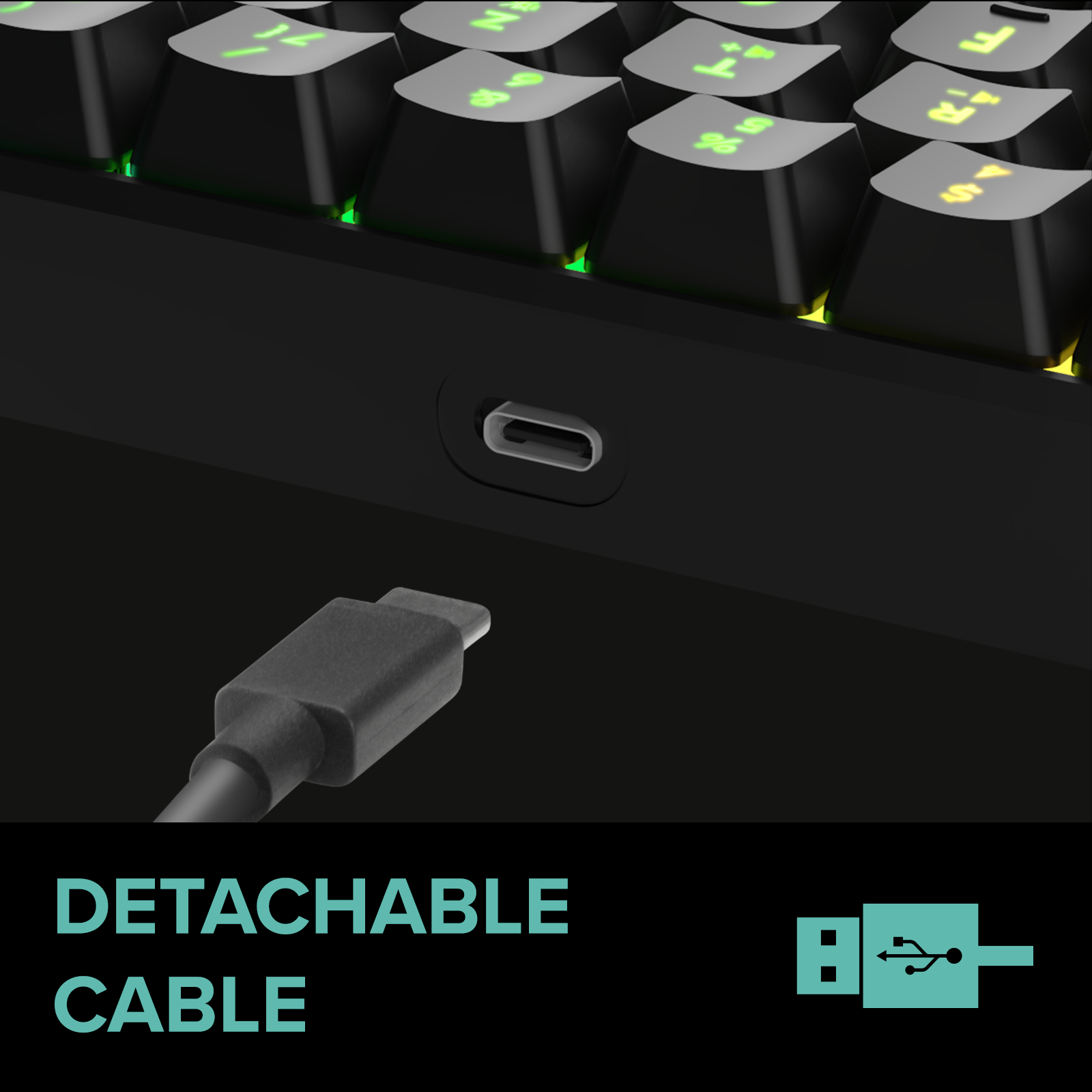Detailansicht einer mechanischen Tastatur mit abnehmbarem USB-C Kabel und beleuchteten Tasten