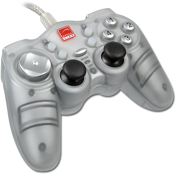 Transparentes Speedlink Gamepad mit zwei Analogsticks, Steuerkreuz, Tasten und USB-Kabel