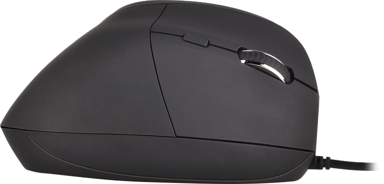 Seitliche Ansicht einer schwarzen, ergonomischen vertikalen Computermaus mit Kabel
