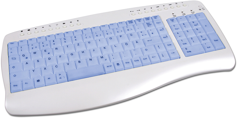 Weiße ergonomische Tastatur mit blauen Tasten, Nummernblock und Funktionstasten