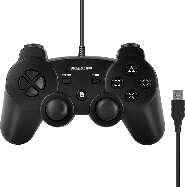 Schwarzer SPEEDLINK USB Gamepad Controller mit Kabel und typischer Tastenanordnung für PC-Gaming