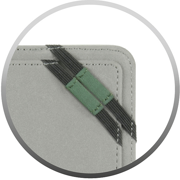 Ecke einer grauen Tasche mit doppelt abgesteppten Nähten und zwei grünen Stoffbändern als Verstärkung