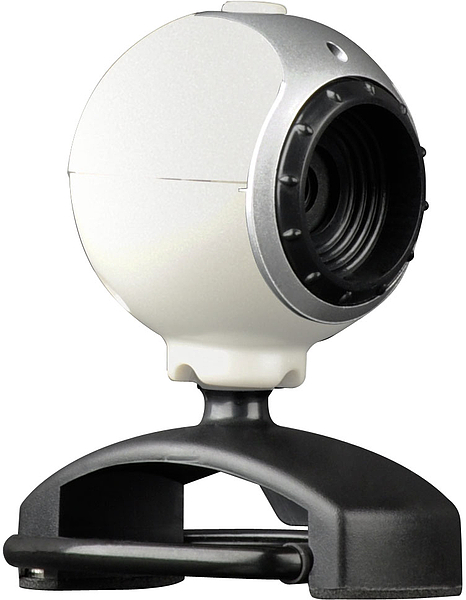 Nahaufnahme einer modernen Webcam mit rundem, weißem Gehäuse und schwarzem Standfuß, geeignet für PC oder Laptop