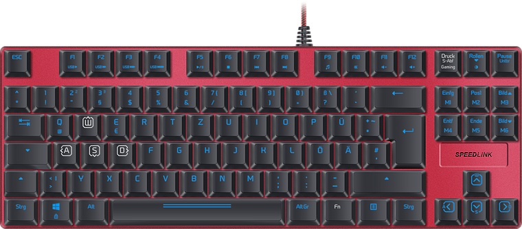 Mechanische Speedlink Gaming-Tastatur mit rotem Gehäuse und deutschem QWERTZ-Layout, kompaktes Design ohne Nummernblock