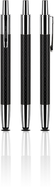 Drei Kugelschreiber in schwarz-silber mit Carbon-Optik, zwei frontale und eine seitliche Ansicht, hochwertiges Design