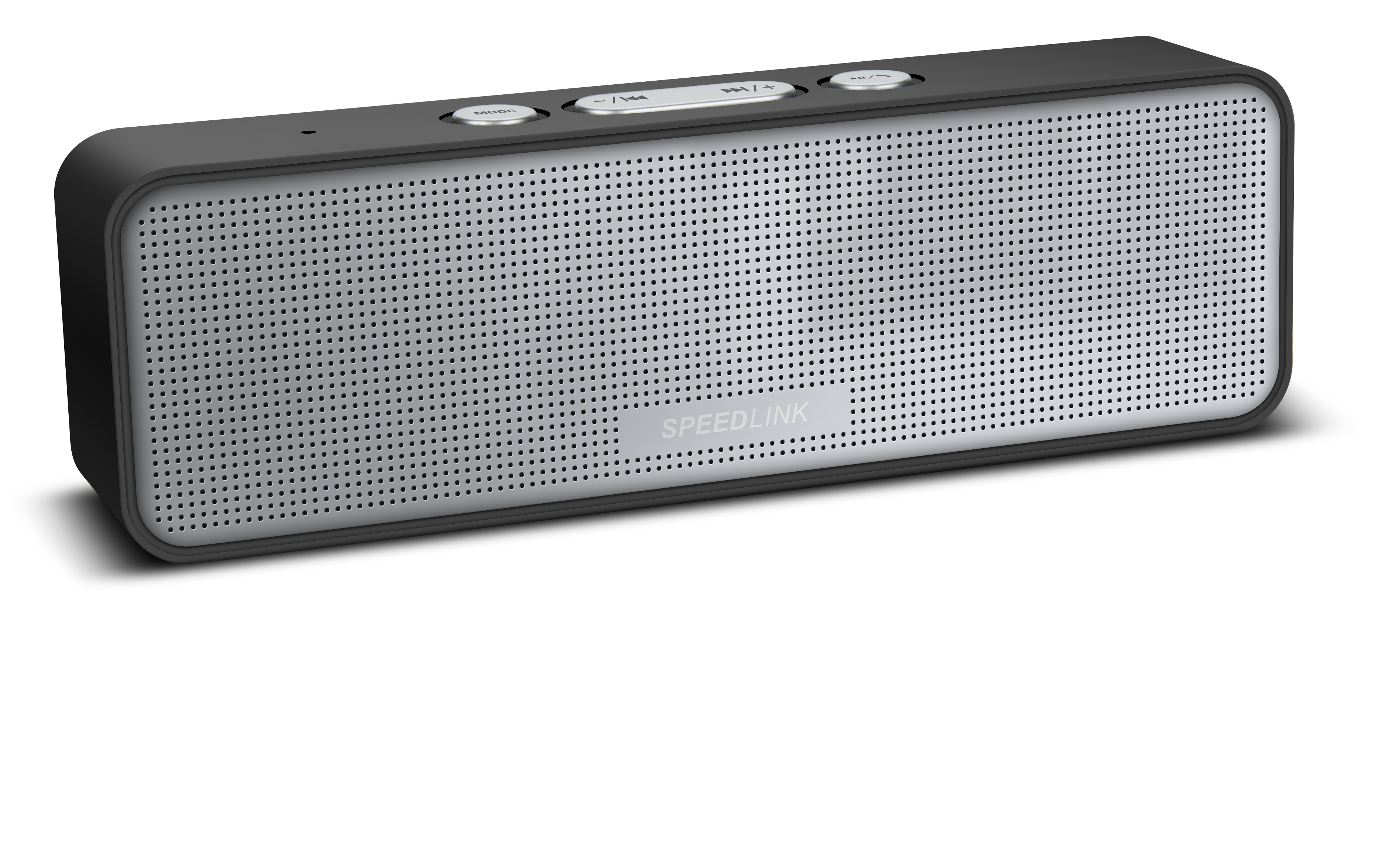 SPEEDLINK tragbarer Bluetooth Lautsprecher in Schwarz mit silbernem Lautsprechergitter und Steuerungstasten auf der Oberseite