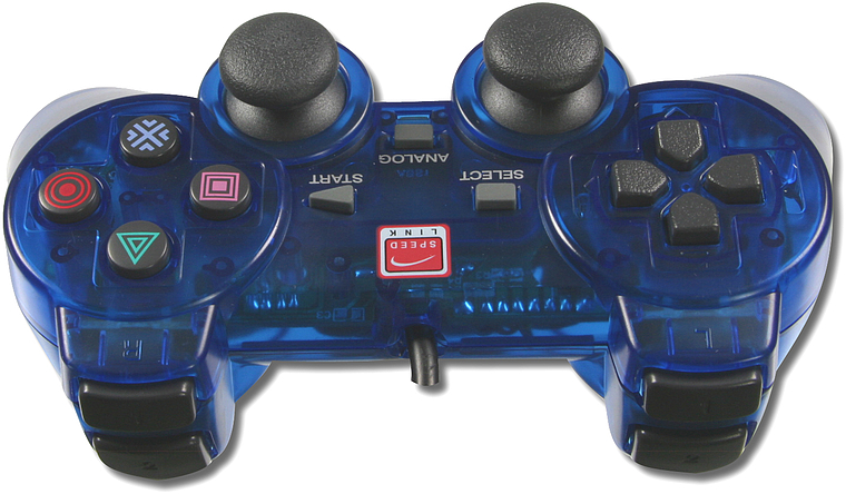 Kabelgebundener blauer Gamecontroller mit transparentem Gehäuse, zwei Analogsticks und klassischen PlayStation-Tasten