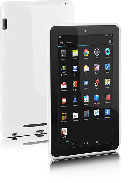 Weißes Android Tablet mit 7 Zoll Display, sichtbaren Apps auf dem Bildschirm und abgerundeten Ecken