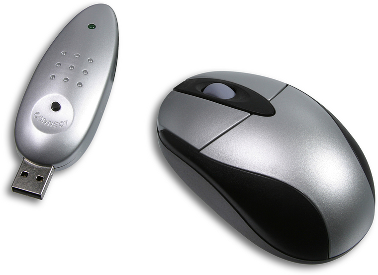 Abgebildet ist eine silber-schwarze, kabellose Computermaus neben einem passenden USB-Empfänger.