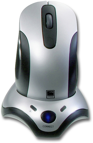 Kabellose Maus von Speed-Link mit ergonomischem Design auf einer passenden Ladestation, Farbe Silber-Schwarz