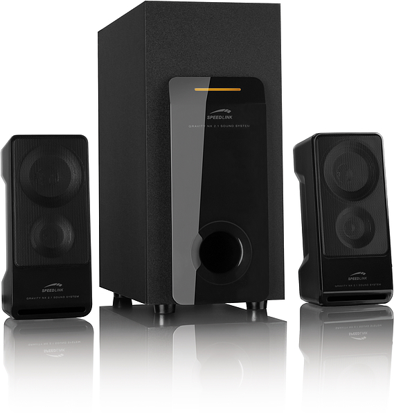 Abbildung eines SPEEDLINK GRAVITY NX 2.1 Soundsystems bestehend aus einem Subwoofer und zwei kompakten Satellitenlautsprechern