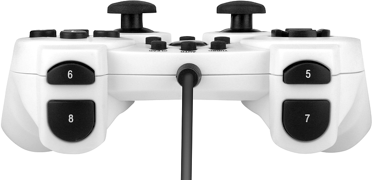 Rückansicht eines weißen kabelgebundenen Gamecontrollers mit acht nummerierten Funktionstasten