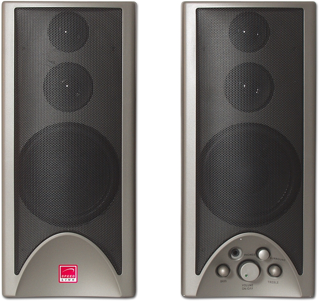 Zwei silberne Speedlink PC-Lautsprecher mit Bedienelementen und Kopfhöreranschluss