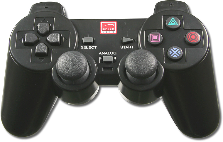Schwarzer Speedlink Gamecontroller mit dualen Analogsticks, Steuerkreuz und vier farbigen Aktionstasten