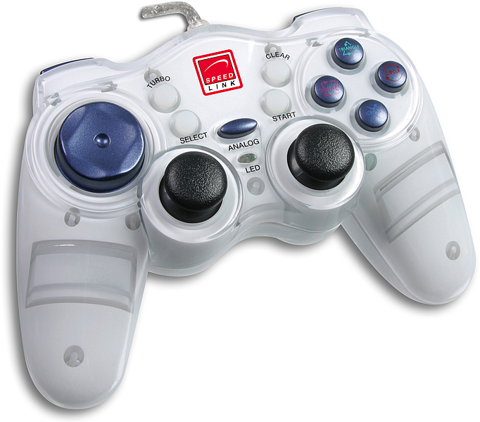 Transparenter Speedlink USB-Controller mit zwei Analogsticks, Steuerkreuz und Funktionstasten