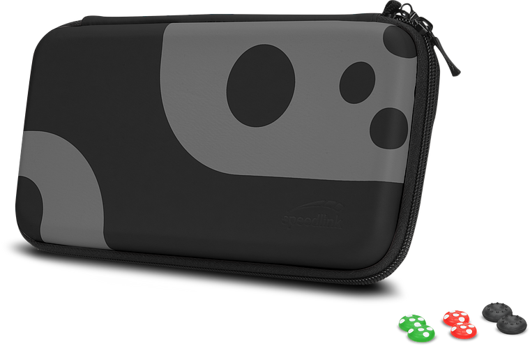 Praktische schwarze Speedlink Tragetasche mit Würfelmuster, geeignet für Pokerchips oder Spielezubehör, abgebildet mit farbigen Chips
