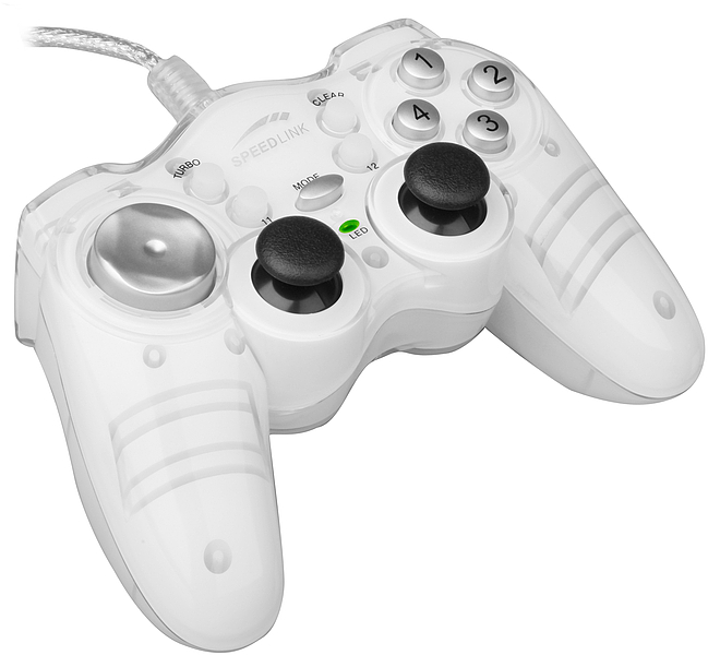Transparenter weißer Speedlink-Gamecontroller mit zwei Analogsticks, Steuerkreuz und Funktionstasten