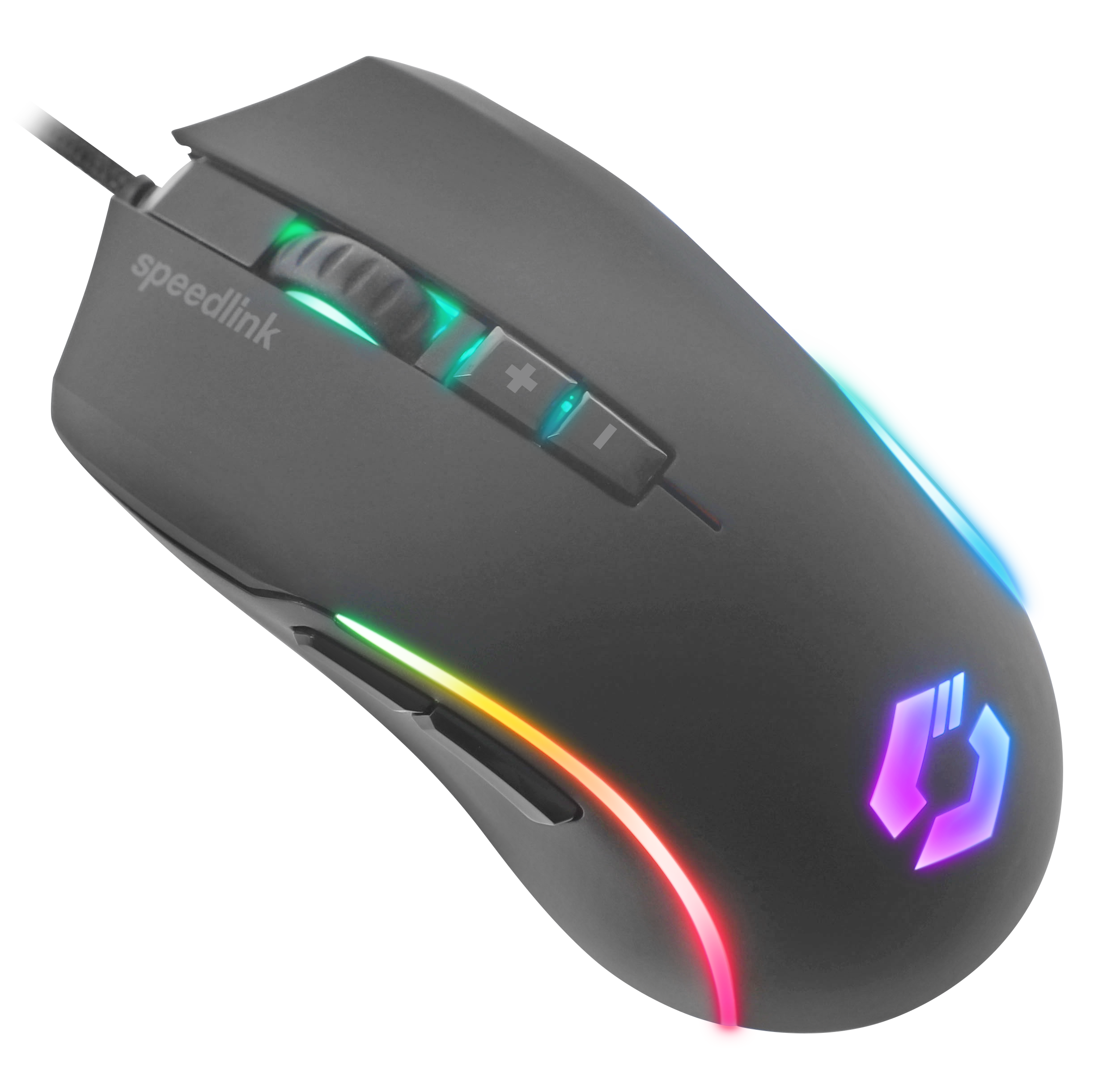 Schwarze Speedlink Gaming-Maus mit bunter RGB-Beleuchtung und mehreren Seitentasten