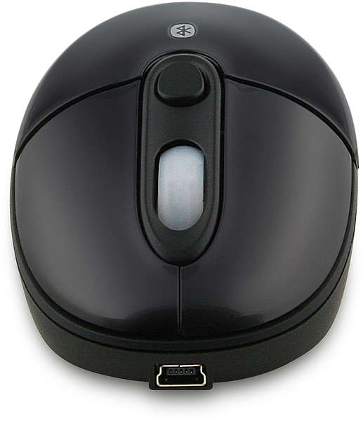 Vorderansicht einer schwarzen Bluetooth-Computermaus mit USB-Anschluss und Scrollrad