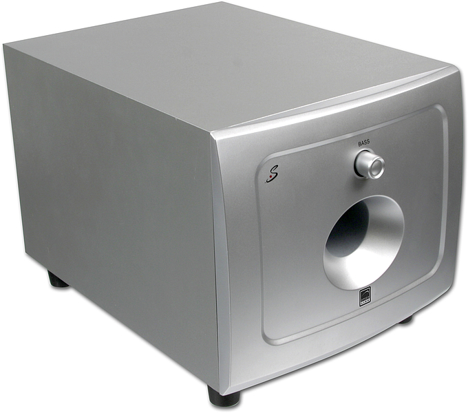 Moderner Subwoofer in silbernem Gehäuse mit Bassregler und Bassreflexöffnung vorne