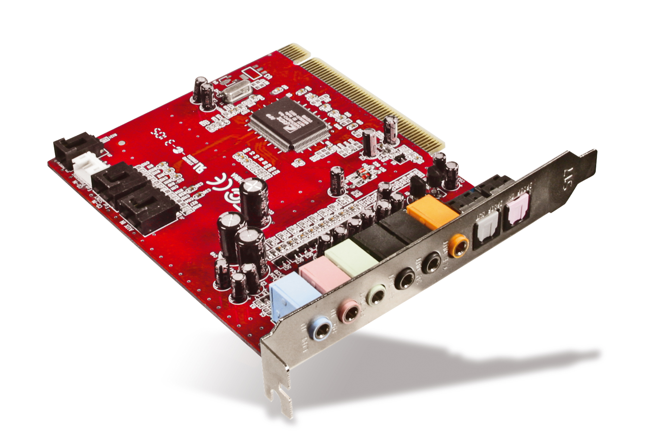 Rote interne PCI Soundkarte mit mehreren Audioanschlüssen für den Einbau in einen Computer