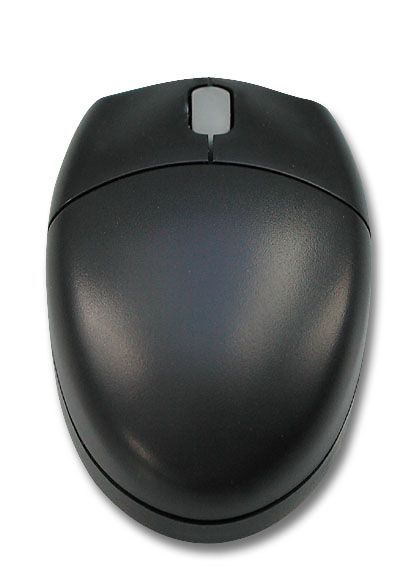 Schwarze Computermaus in ergonomischem Design, von oben fotografiert, ideal für Büro und Homeoffice
