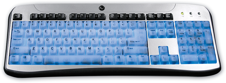 Abbildung einer modernen, beleuchteten Tastatur mit blauen Tasten und integriertem Nummernblock