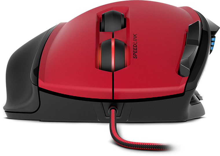Rote kabelgebundene Gaming-Maus der Marke SPEEDLINK mit ergonomischem Design und zusätzlichen Funktionstasten