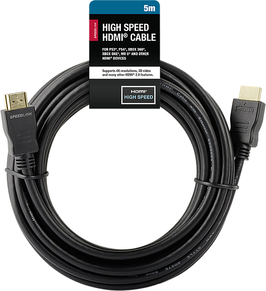 Schwarzes SPEEDLINK High Speed HDMI Kabel, 5 Meter lang, geeignet für verschiedene Konsolen und Geräte, mit beiden HDMI-Anschlüssen sichtbar