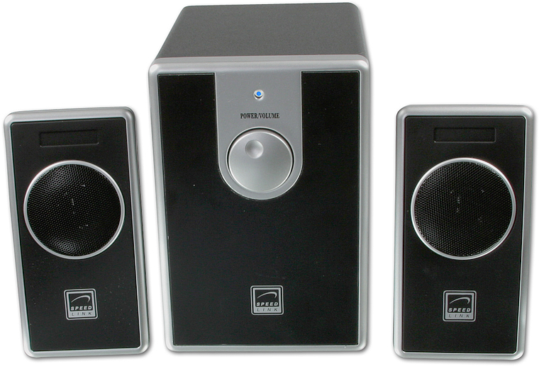 Abbildung eines Speedlink 2.1 Lautsprechersystems bestehend aus Subwoofer und zwei Satellitenlautsprechern in Schwarz