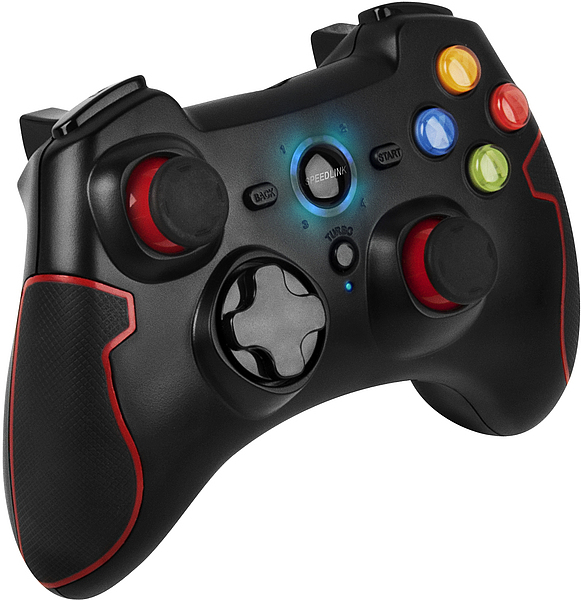 Schwarzes Speedlink Wireless Gamepad mit roten Akzenten und farbigen Tasten, geeignet für PC und Konsole
