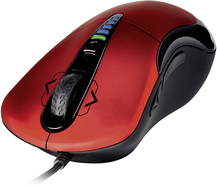 Rote kabelgebundene Gaming-Maus mit zusätzlichen Tasten und ergonomischem Design