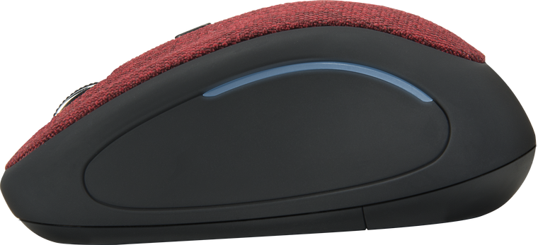Seitliche Ansicht einer ergonomischen, kabellosen Computermaus mit roter Stoffoberfläche und schwarzem Gehäuse