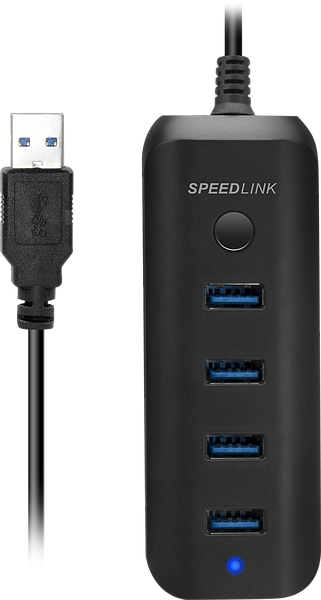 Schwarzer SPEEDLINK USB-Hub mit vier USB-Ports, LED-Anzeige und Ein/Aus-Schalter, geeignet für PC und Laptop