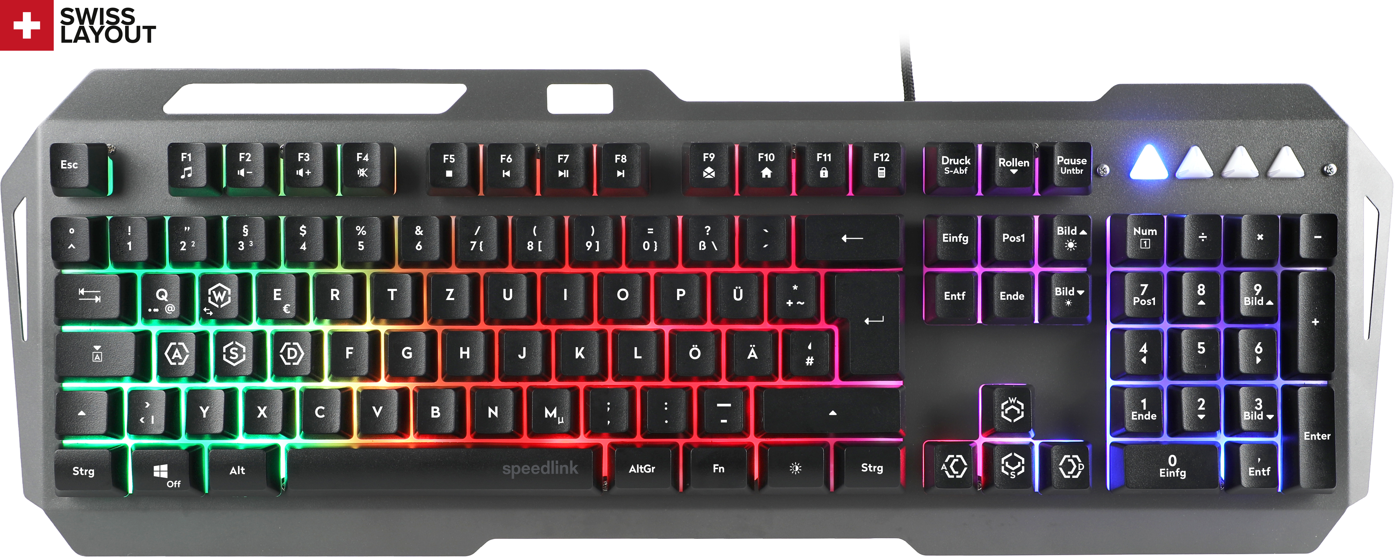 Beleuchtete Speedlink Gaming-Tastatur im Swiss Layout mit RGB-Farben