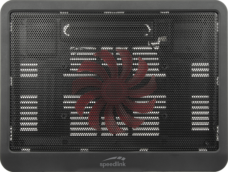Schwarzer Speedlink Laptop-Kühler mit großem, zentralem Ventilator hinter einem Metallgitter