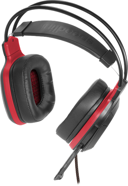 Schwarzes Gaming-Headset mit roten Akzenten, gepolsterten Ohrmuscheln und integriertem Mikrofon