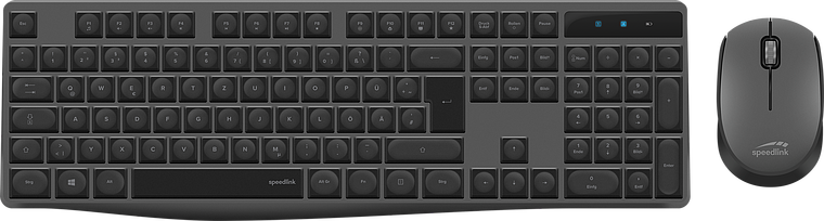 Schwarzes kabelloses Speedlink Tastatur- und Maus-Set mit vollständigem Tastenlayout, ideal für komfortables Arbeiten am Computer