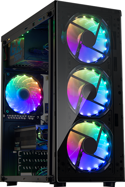 Seitenansicht eines modernen Gaming-PCs mit drei RGB-Lüftern an der Front und beleuchtetem Innenraum