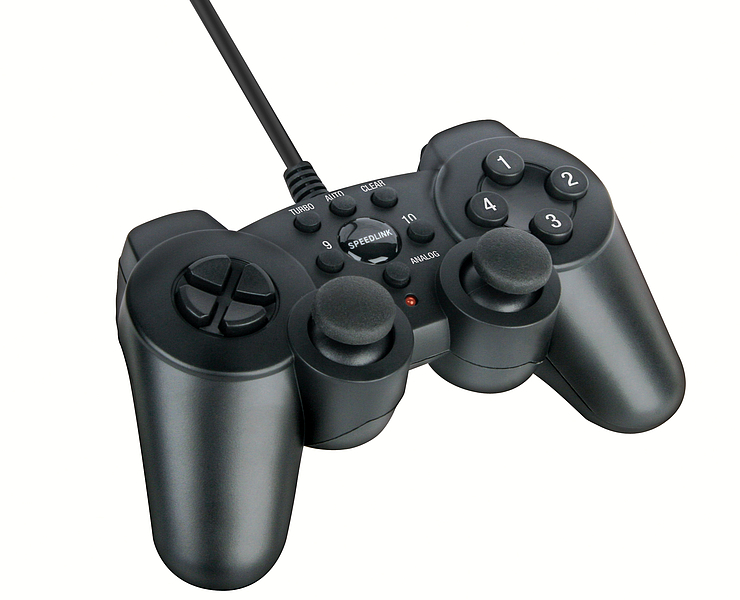 Schwarzer kabelgebundener Gamecontroller mit 2 Joysticks, Steuerkreuz und Funktionstasten, geeignet für PC oder Konsole