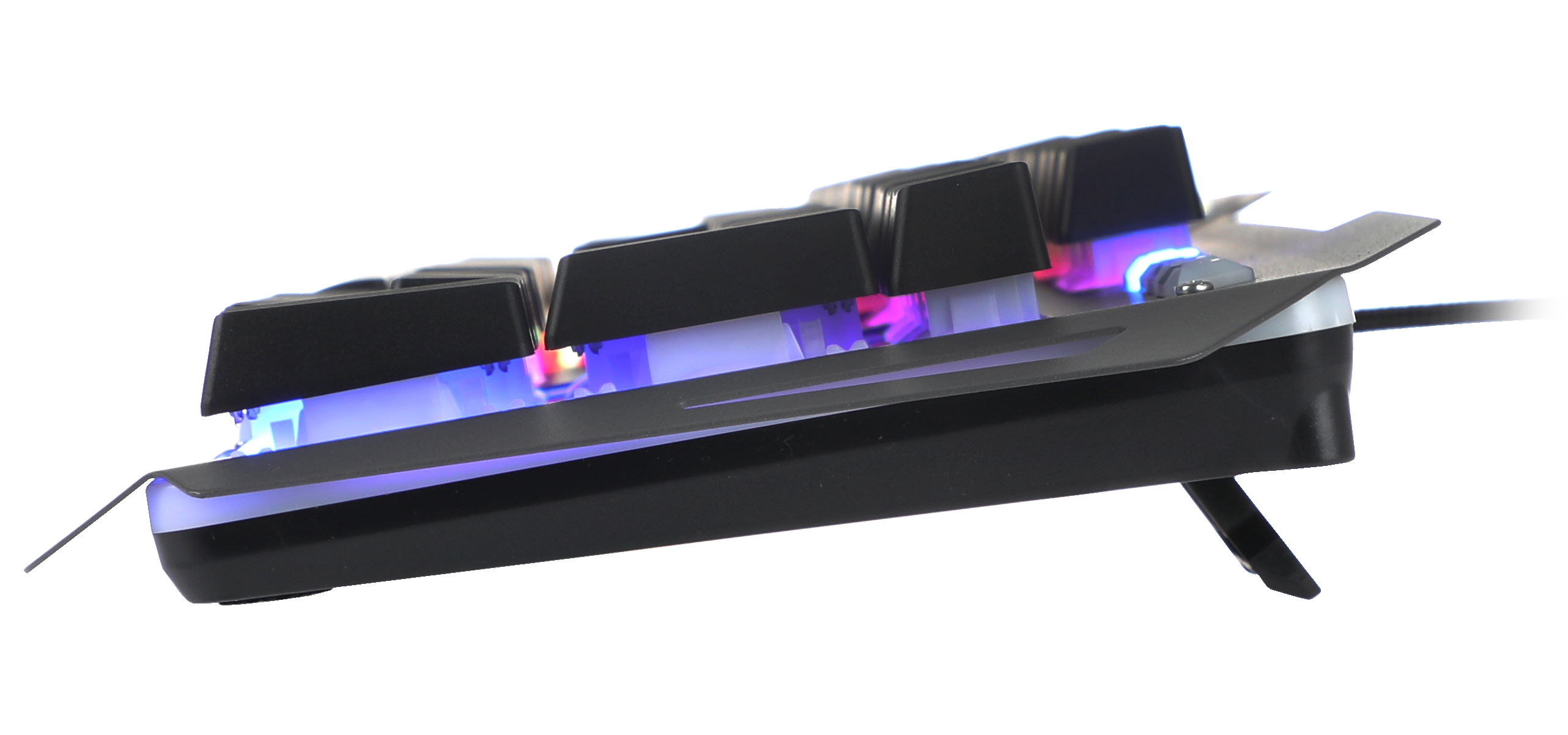 Nahaufnahme einer beleuchteten mechanischen Tastatur mit erhöhten Tasten und bunter RGB-Hintergrundbeleuchtung