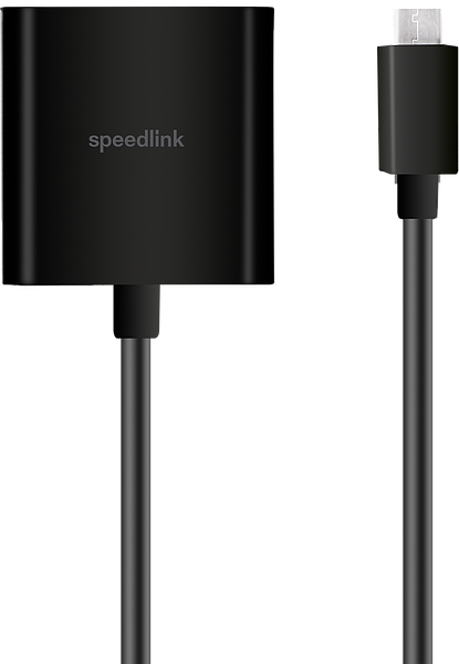 Schwarzer Speedlink Adapter mit USB-C-Stecker und HDMI-Anschluss zum Verbinden von Geräten wie Monitor oder Fernseher