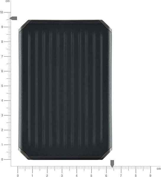 Hartschalen-Etui in Schwarz mit Rillenmuster, abgebildet neben einem Lineal zur Größenbestimmung