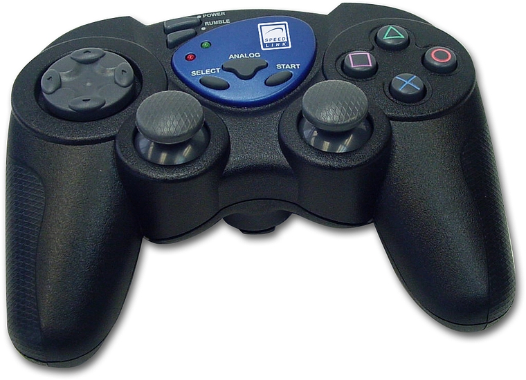 Schwarzer Speedlink Gamepad Controller mit Analogsticks und Tasten für PC oder PlayStation, isoliert auf weißem Hintergrund